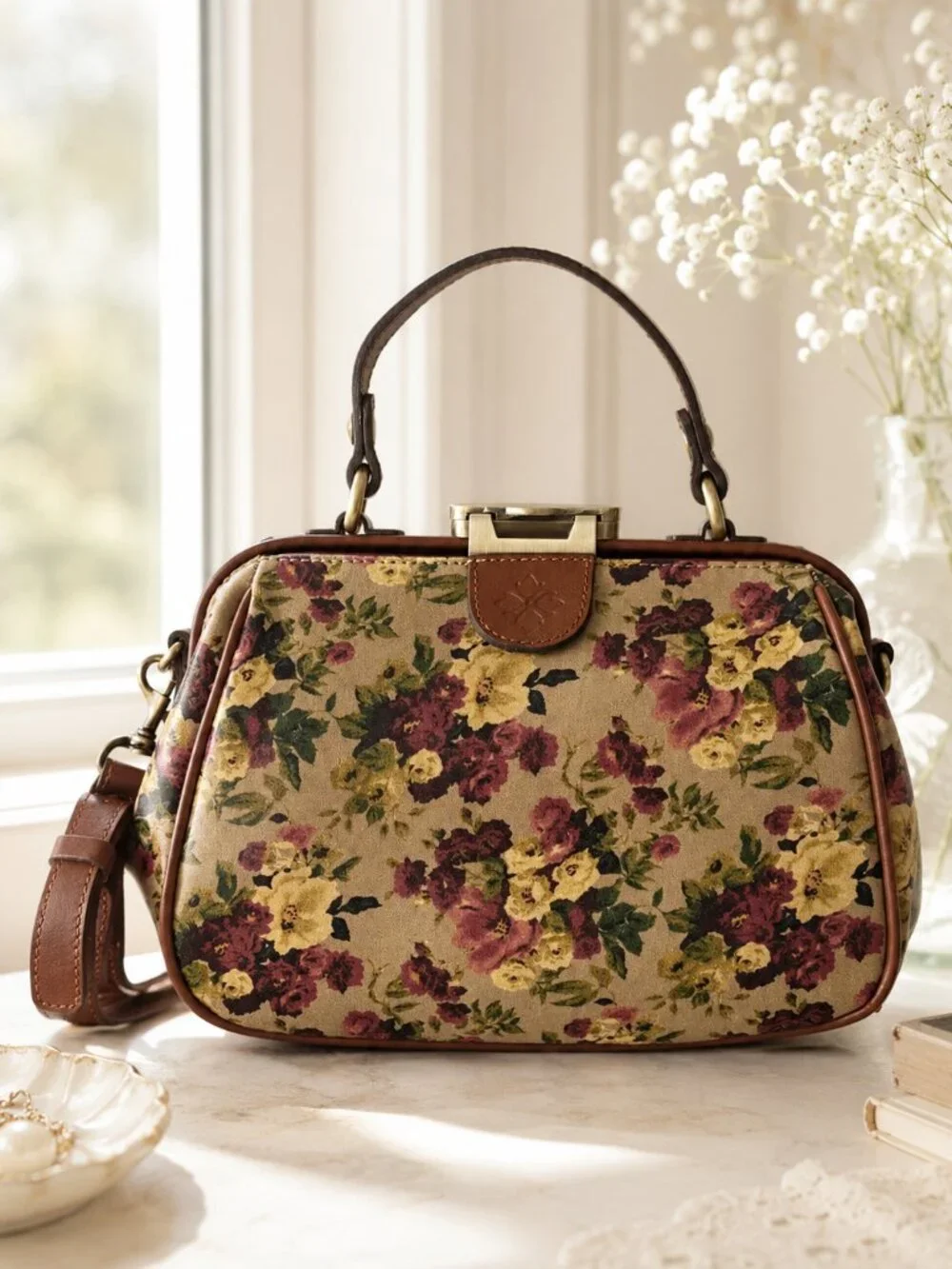 Patricia Nash Gracchi Antique Rose Tan Framed Leather Satchel Xbody Floral